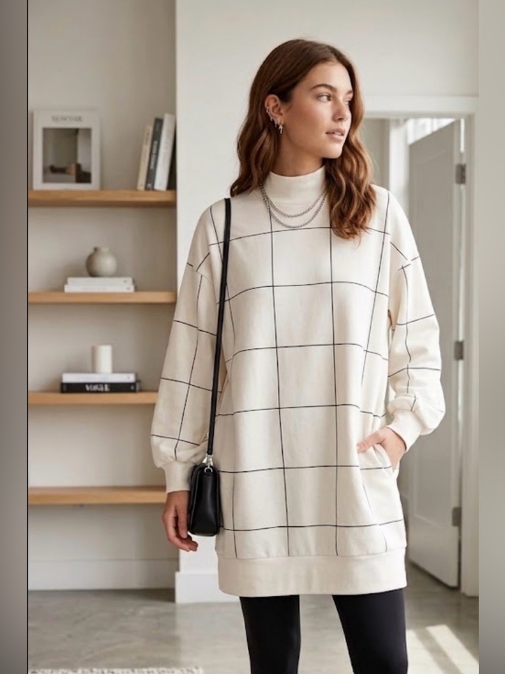 Serra Cream Black Windowpane Turtleneck Sweater Dress - Size Large - Picture 1 of 10